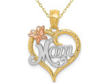 MOM Heart Butterfly Pendant Necklace in 14K Yellow and White Gold